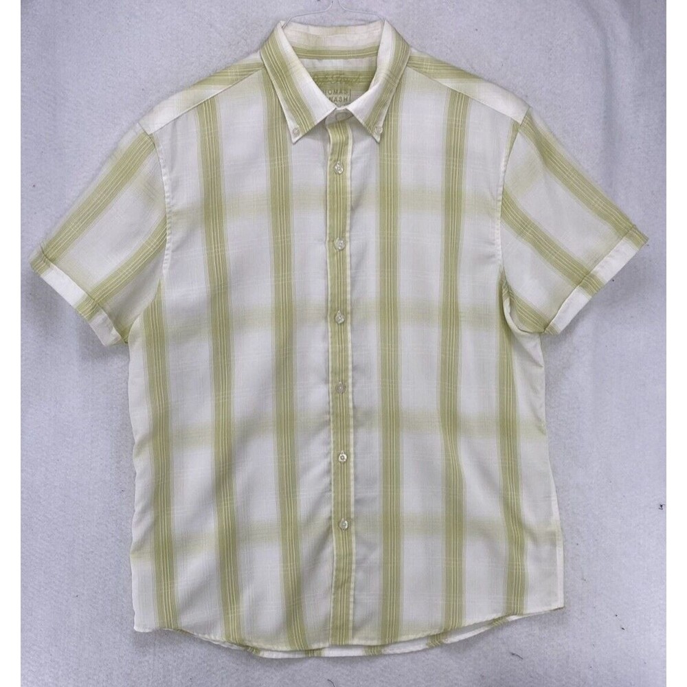 Thomas Nash Shirt Men Medium Soft Touch White Green Cuffed Short Sleeve